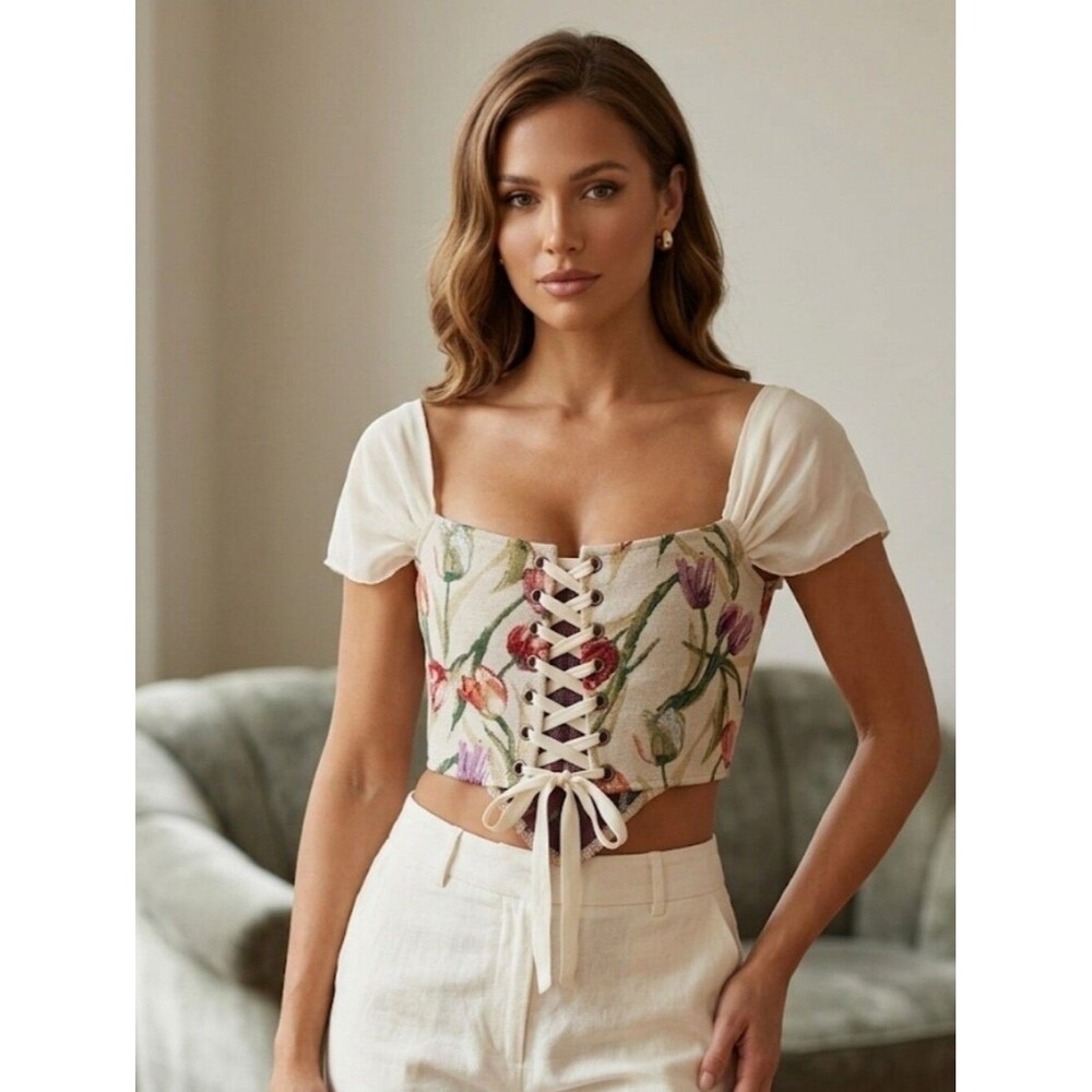 Floral Tapestry Corset Crop Top Lace Up Chiffon Cap Sleeve Renaissance Size M